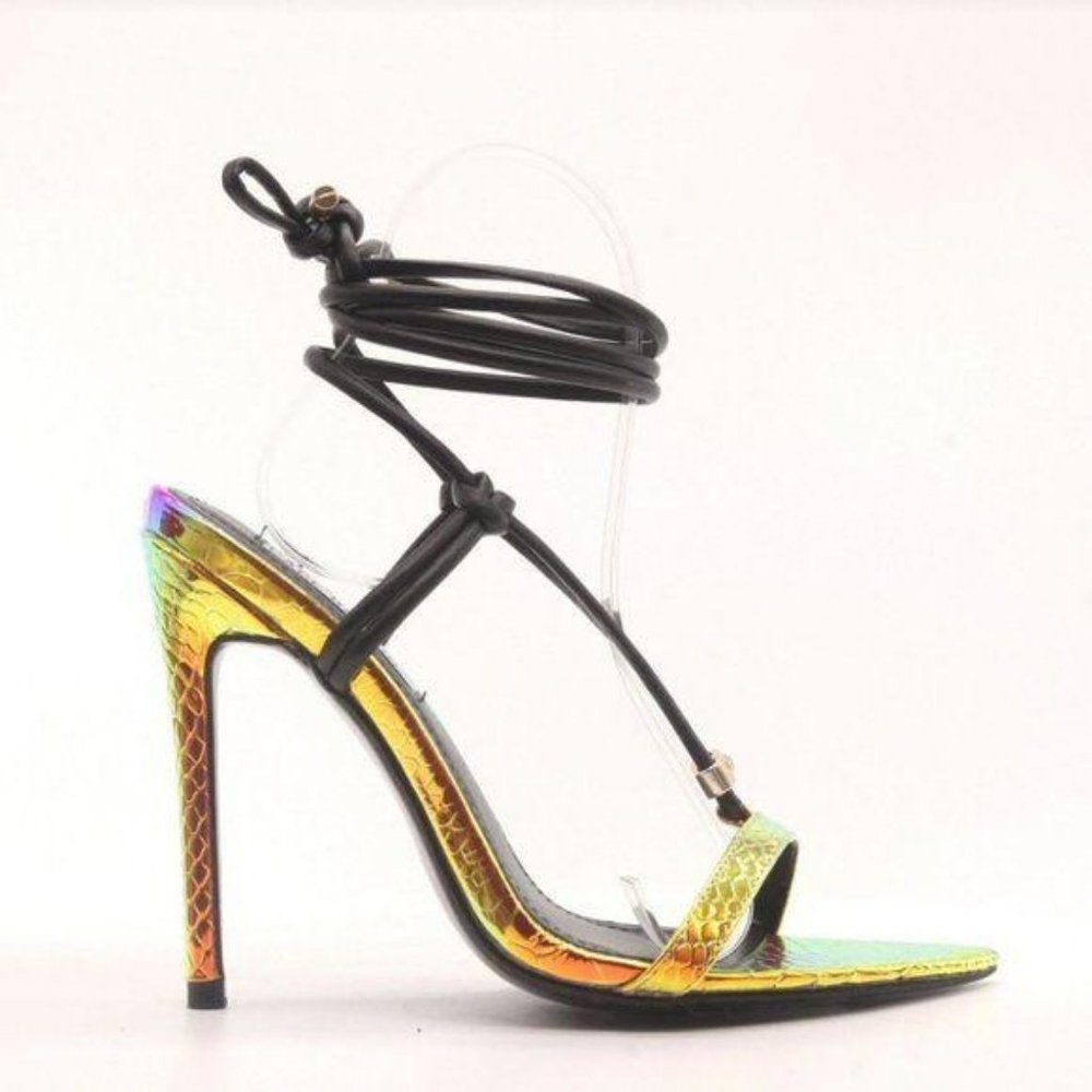 ! NEW ! Mermaid Metallic & Black  Ankle Wrap Heels - Picture 4 of 11